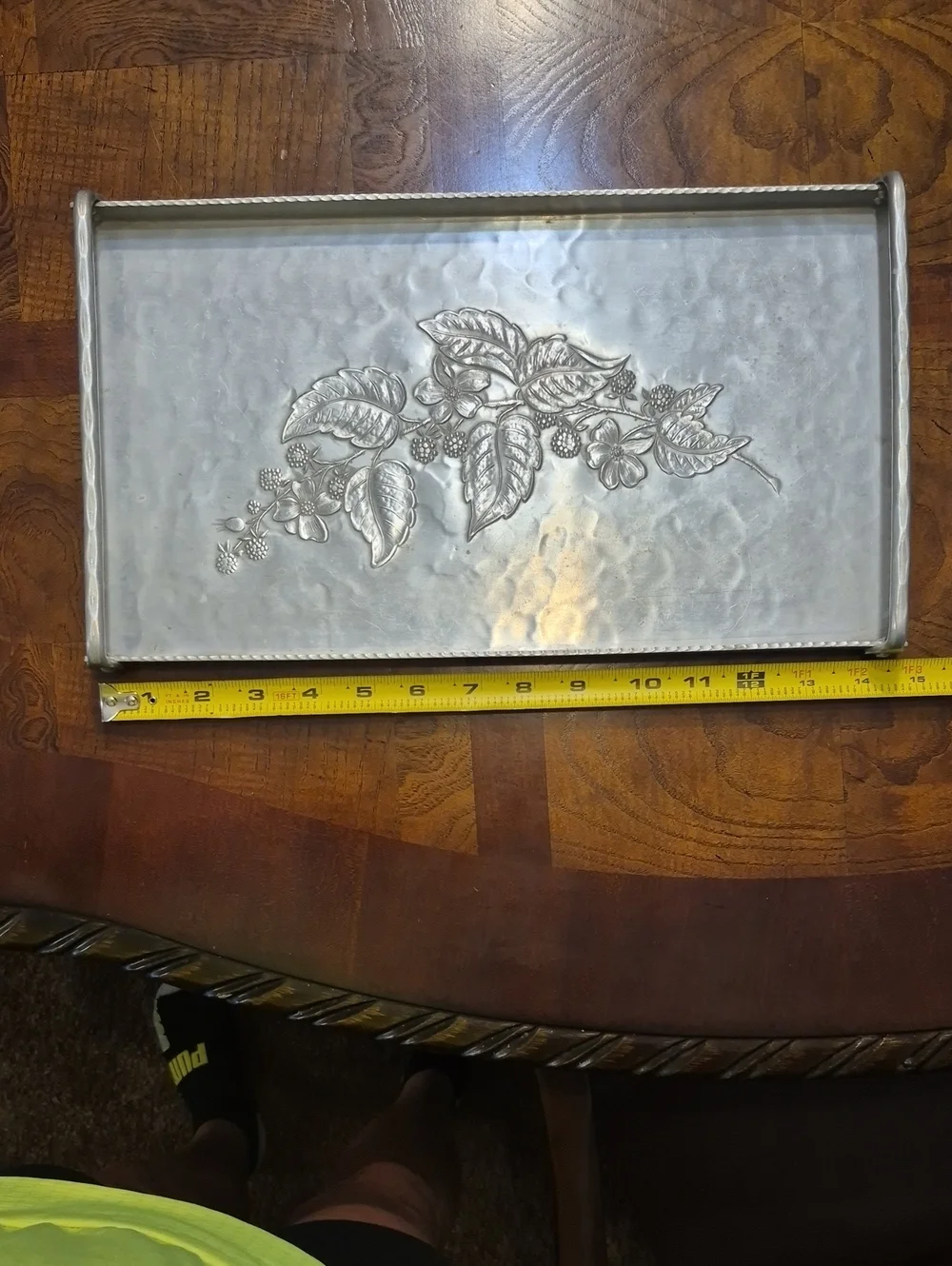 Antique Hand Forged, Everlast Metal,Decorative Silver Floral Metal Tray - Silver